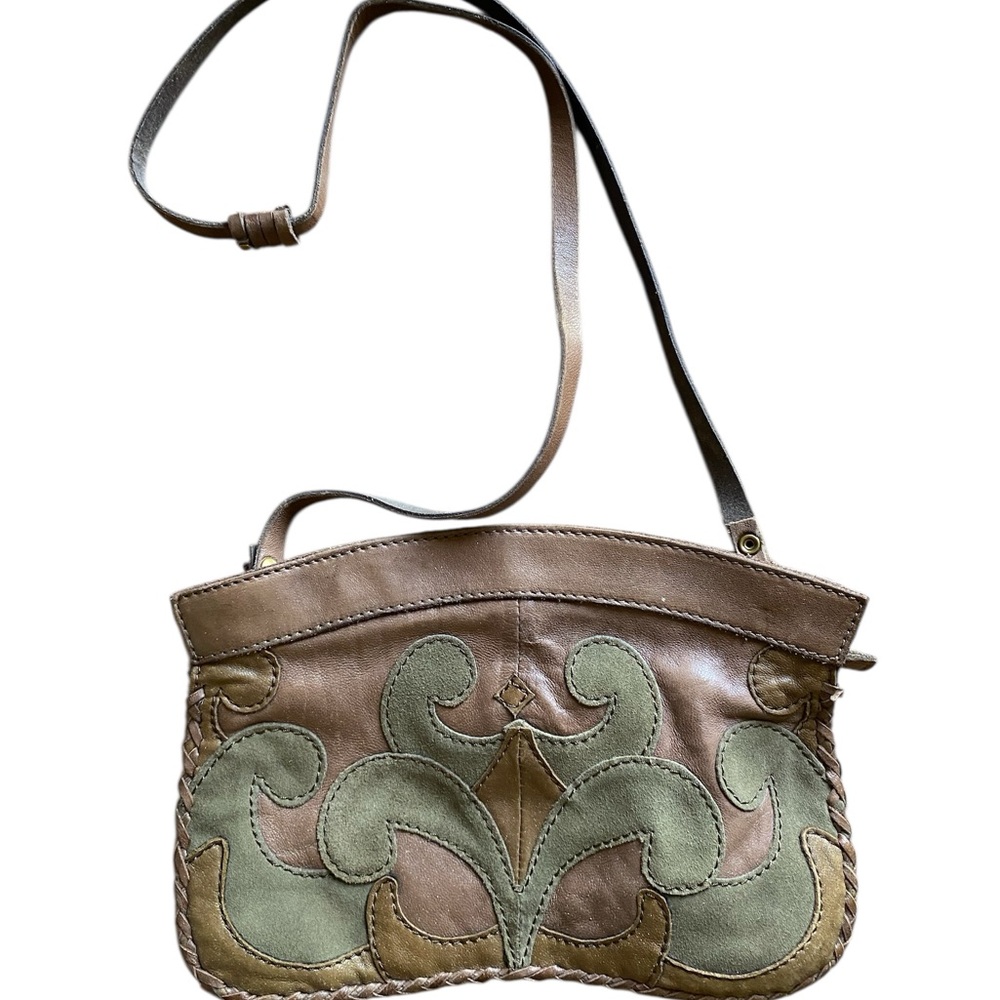 Lucky Brand boho Tan and Green Leather Shoulder Bag